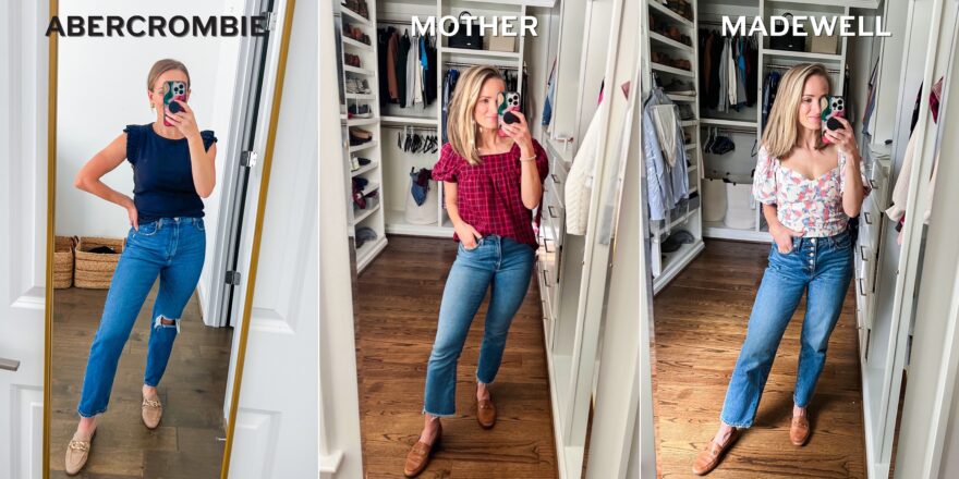 comparison of Abercrombie, Mother, and Madewell jeans