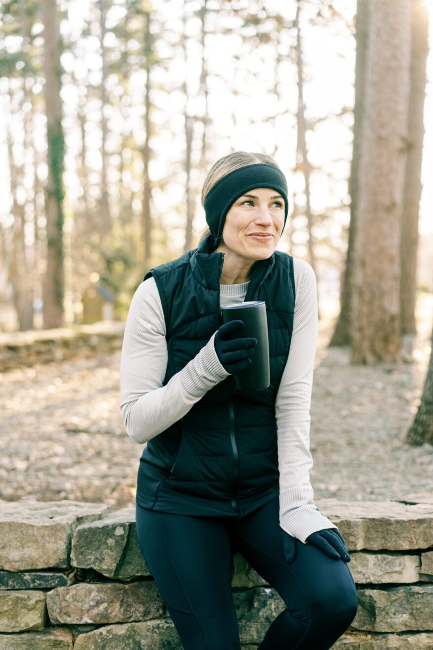 woman resting and sharing what to wear running in the cold