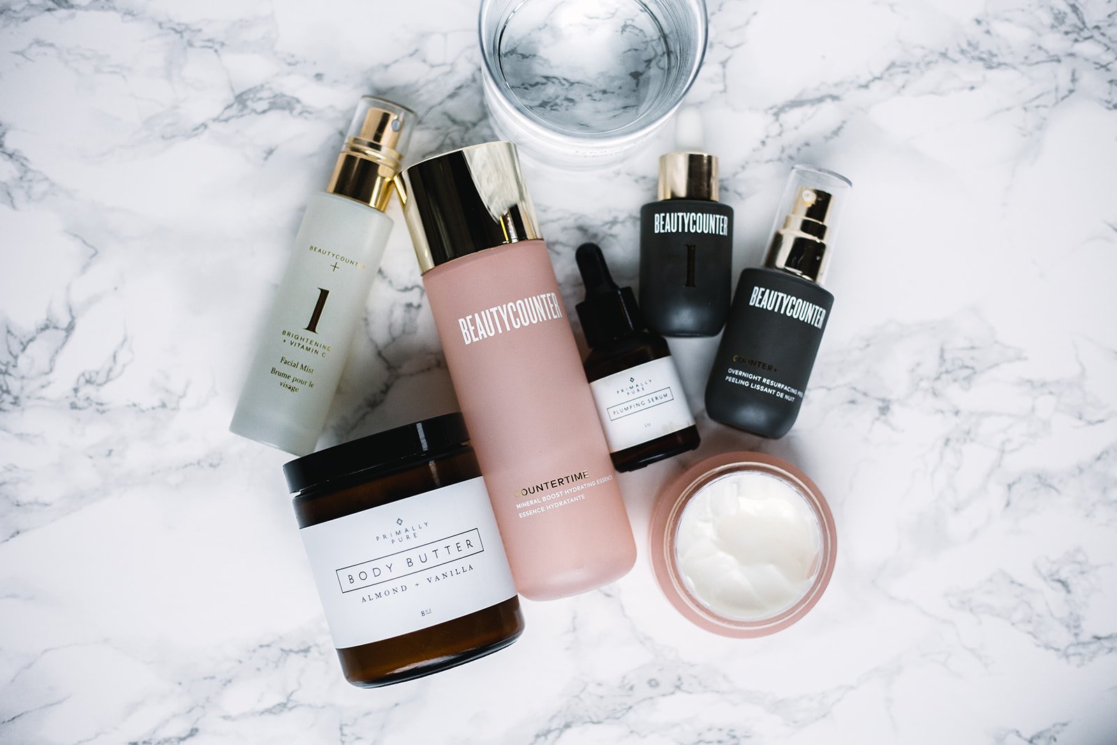 top view of products from Beautycounter without the Beautycounter Never List ingredients 