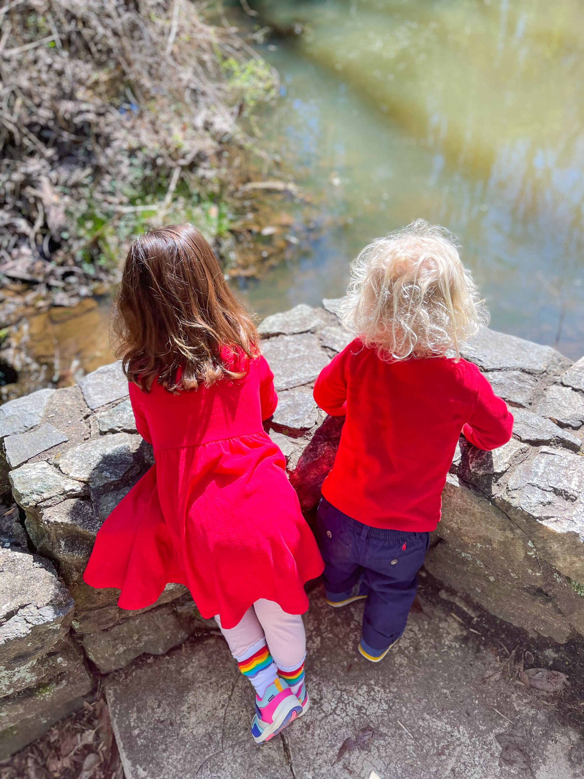 two kids looking down on water