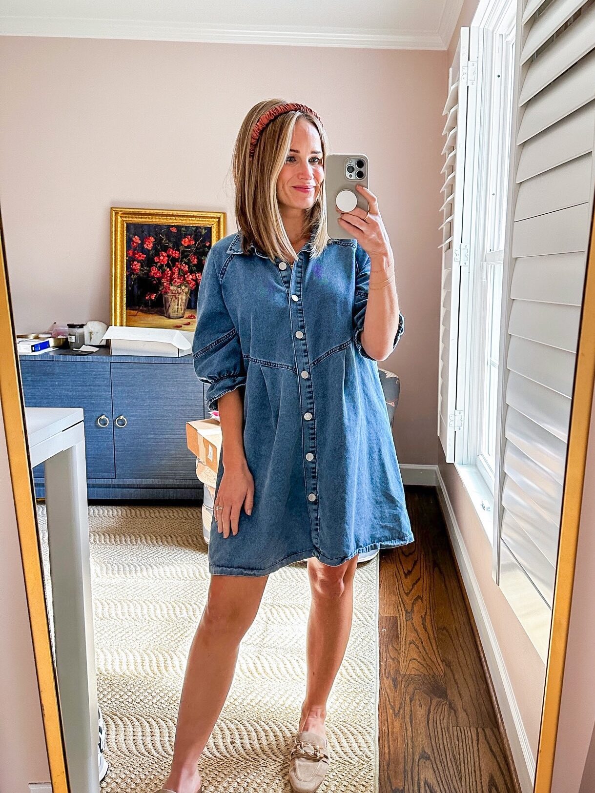 TeriLyn Adams wearing Denim Swing Mini Dress from Amazon Maternity Clothes