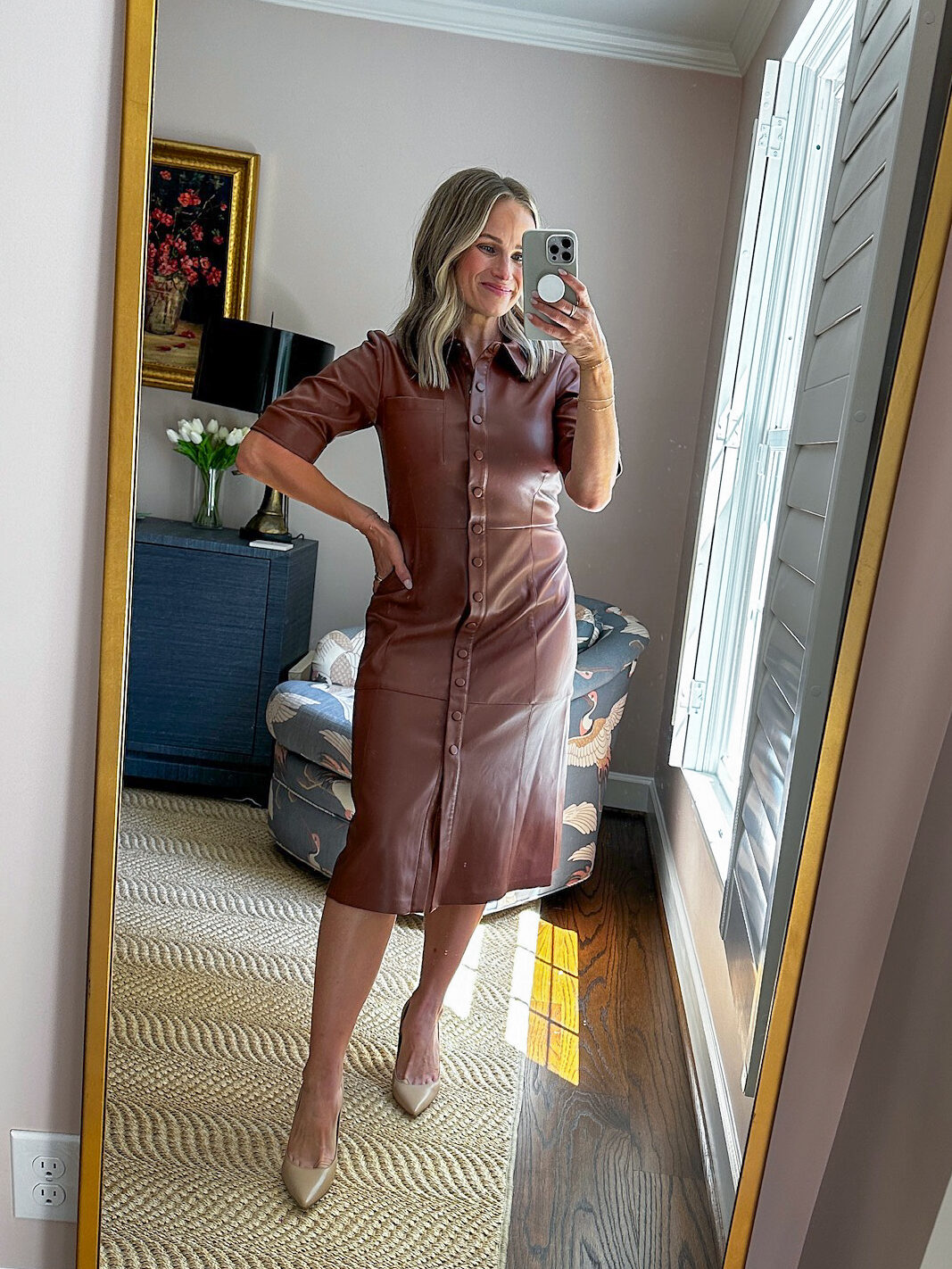 Woman wearing Steve Madden Laken Faux Leather Shirtdress