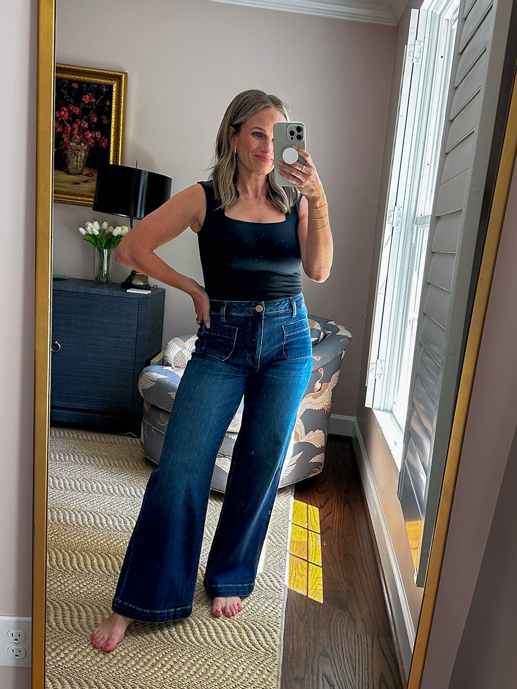 Woman wearing KUT from the Kloth Meg Patch Pocket Wide Leg Jeans