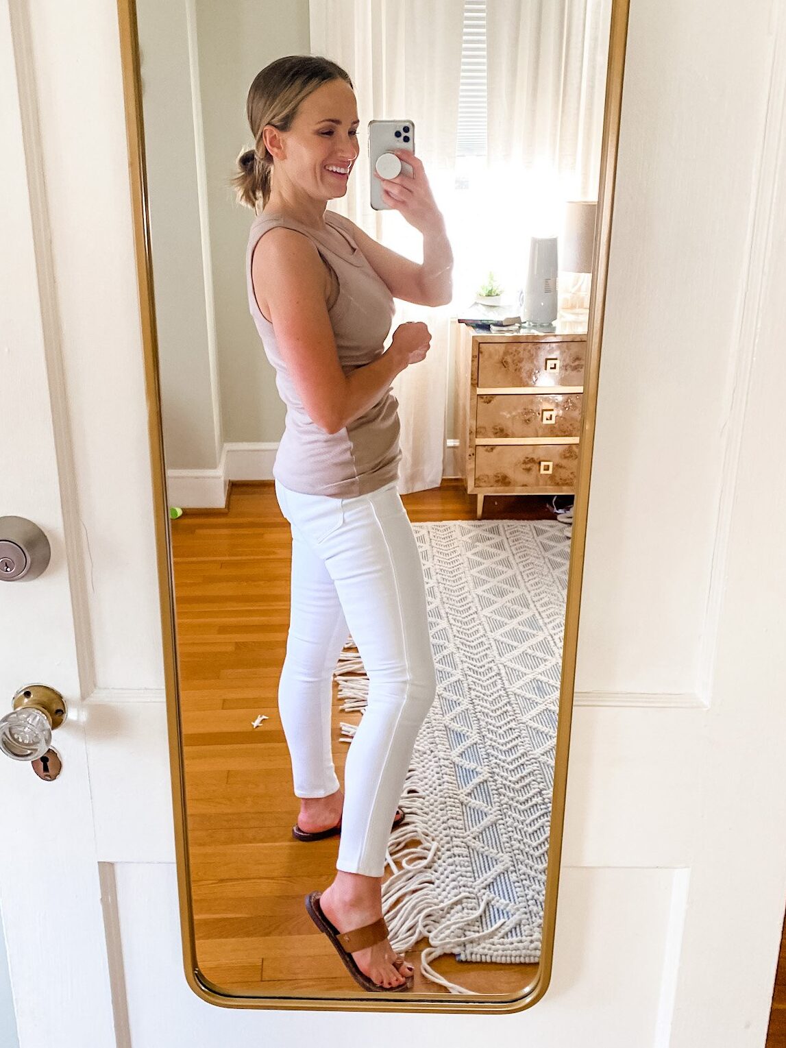 Woman modeling best white skinny denim