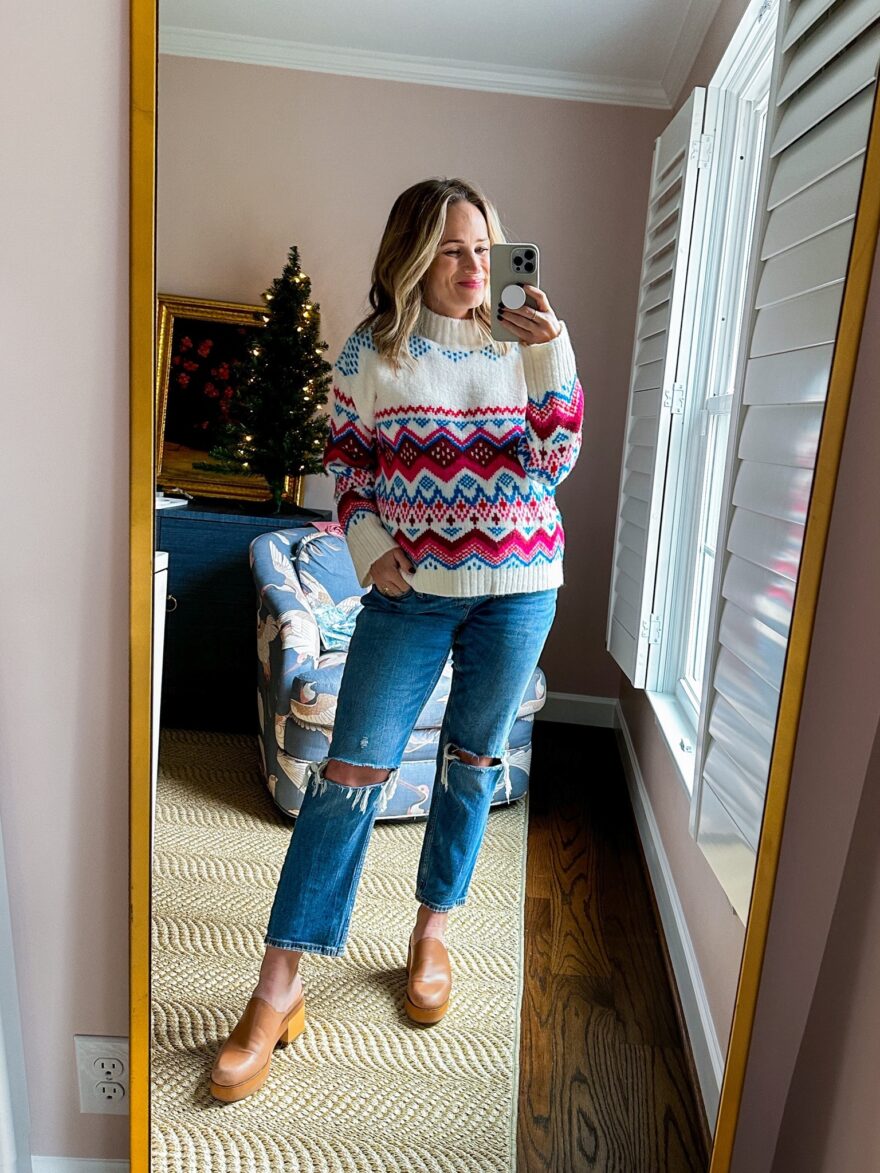 woman wearing sweater and Petite Maternity Jeans