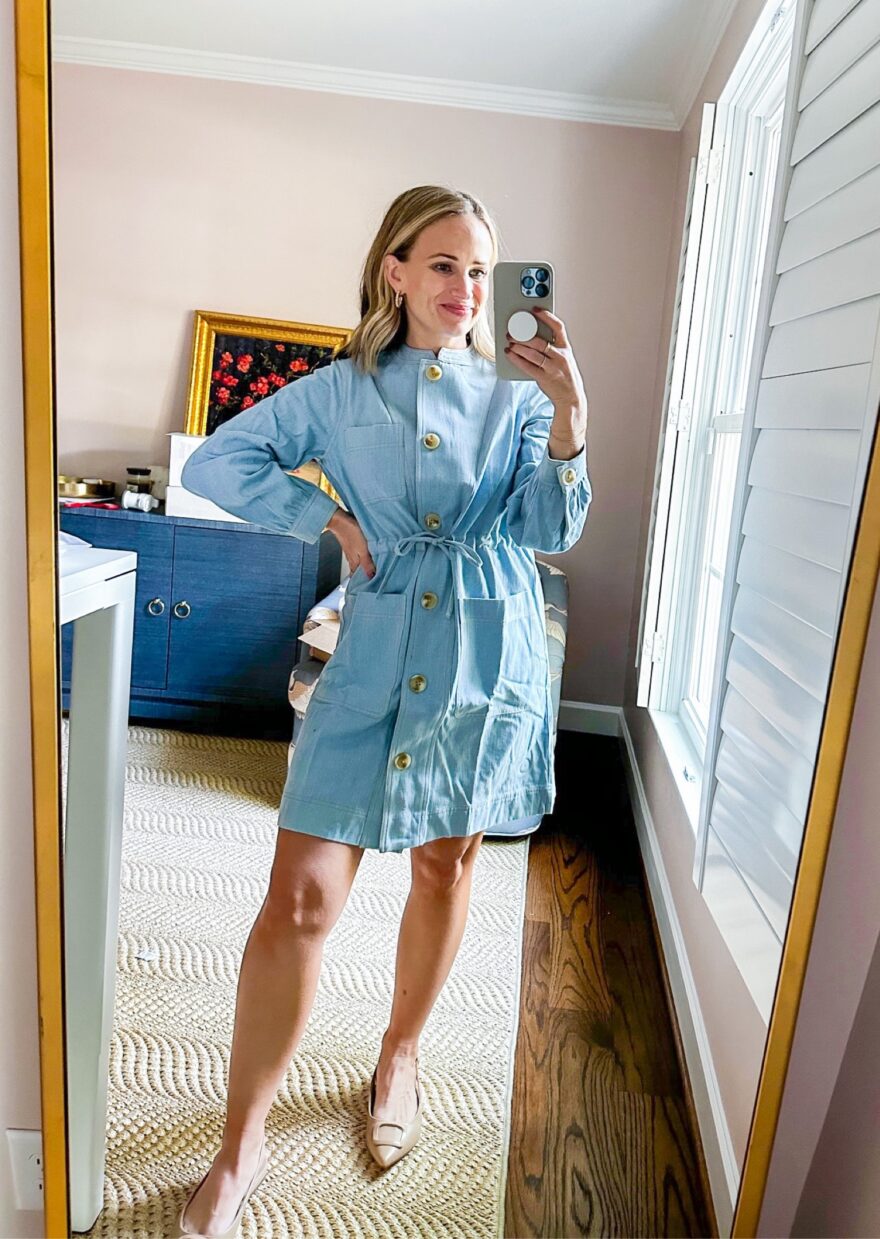 Woman wearing Chambray Crosby Dress one of her Nursing Friendly Dresses