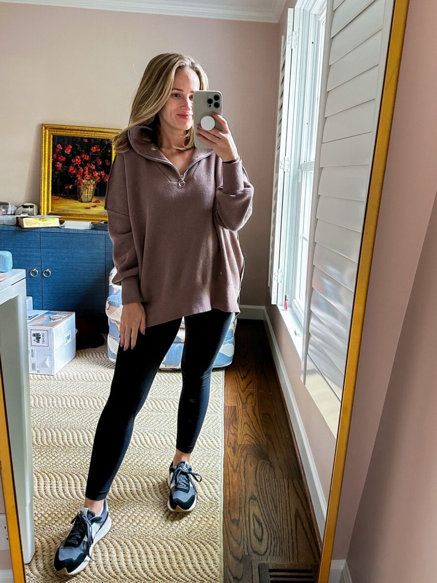 woman wearing brown Knit Quarter Zip Sweater