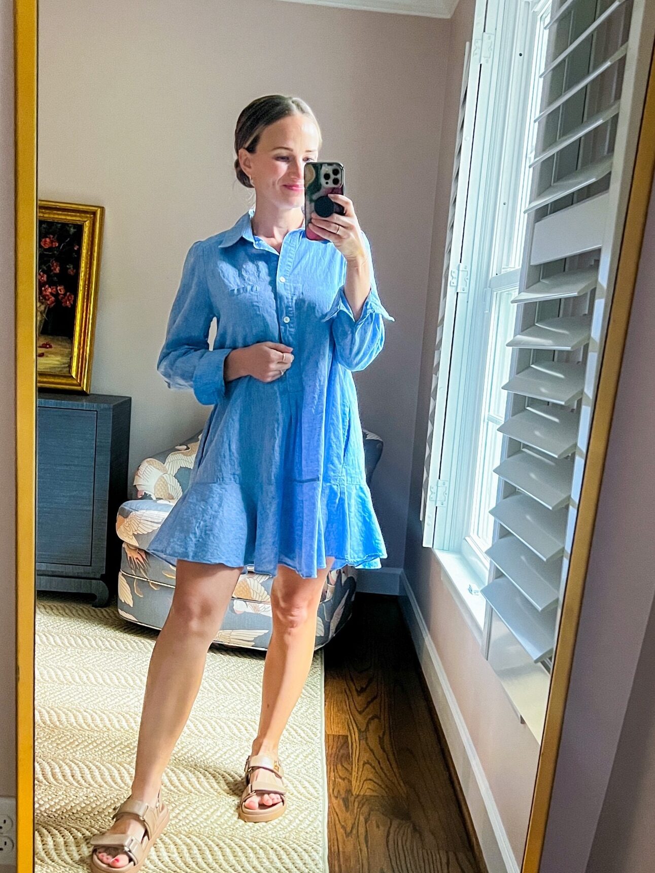 Woman wearing Chambray Callahan Shirt Dress