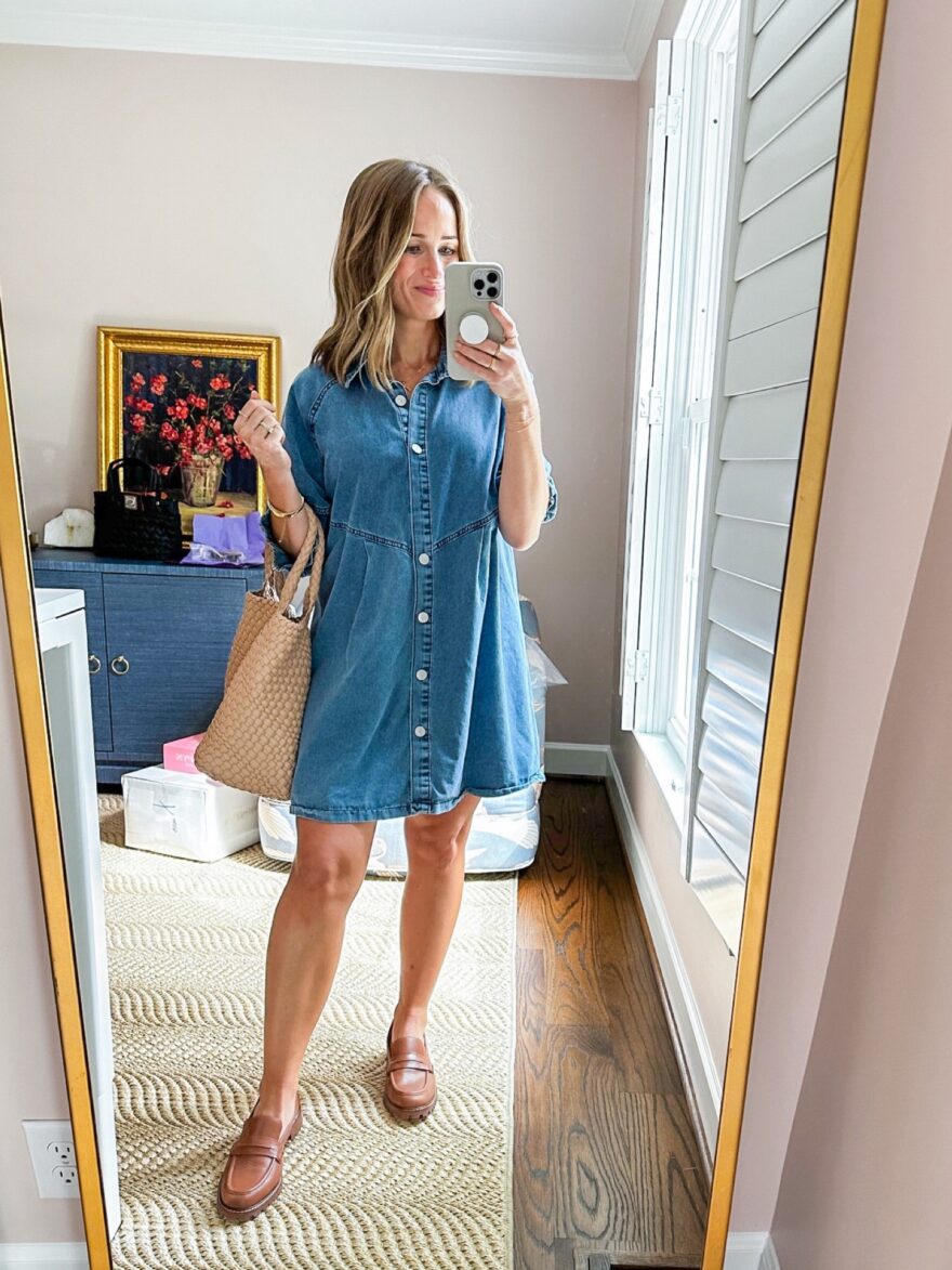 Woman wearing Amazon Denim Shirt Dress one of her Nursing Friendly Dresses