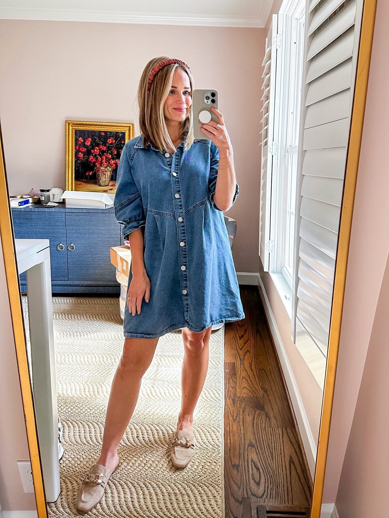 Woman taking a selfie and wearing Amazon Denim Shirt Dress one of her Nursing Friendly Dresses