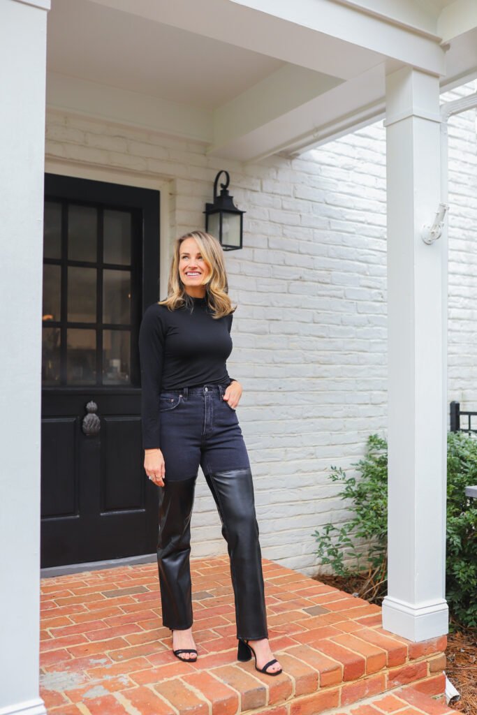 black heels with denim and leather