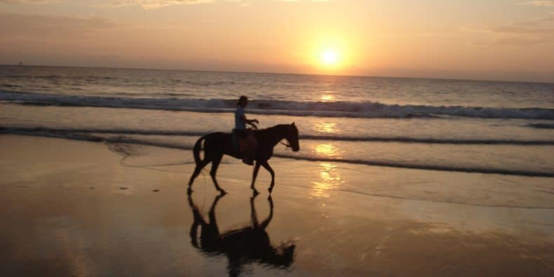 persona montando a caballo en la orilla del mar de máncora