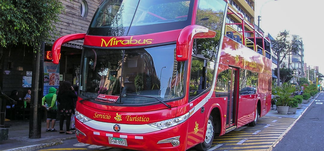 red sightseeing bus Mirabus  in Miraflores, Lima