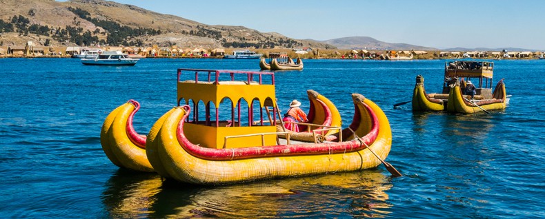 Traditional reed boats on lake Titicaca in Peru
