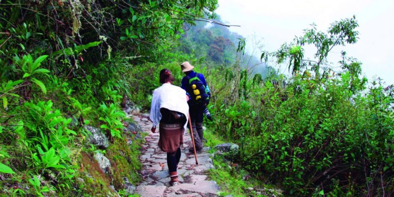 personas transitando el camino del inca hacia machu picchu