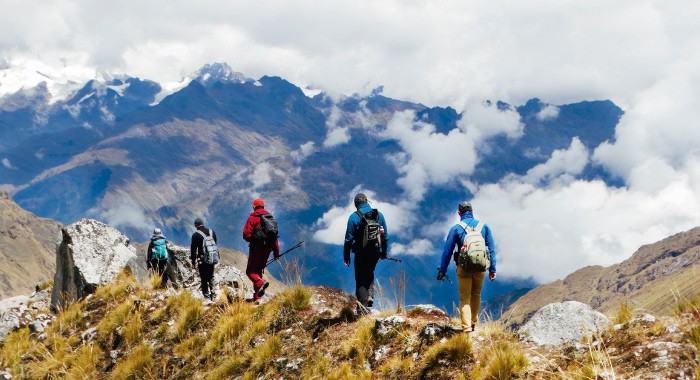 a group of backpackers on the top of a mountain on the Salkantay trek