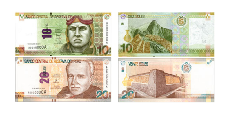 anverso y reverso de billete de 10 y 20 soles peruanos