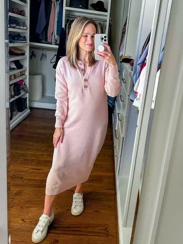 Woman wearing Amazon Midi Button Front Sweater Dress