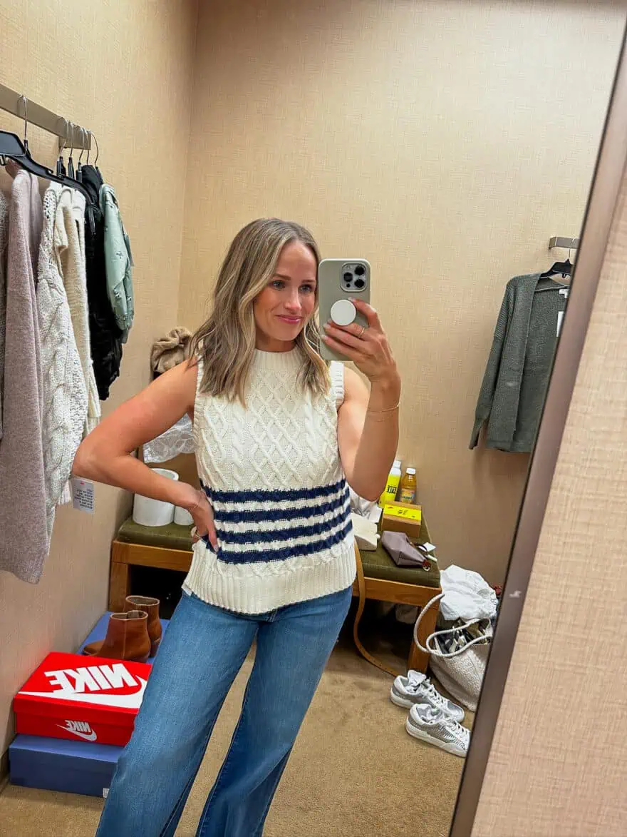 Woman wearing Caslon Cable Knit Pima Cotton Sweater Vest