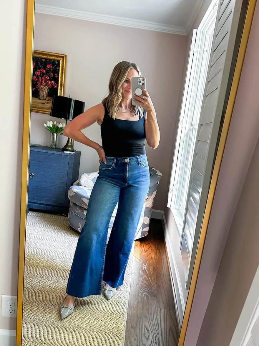 Woman wearing Kut from the Kloth Meg Jeans 