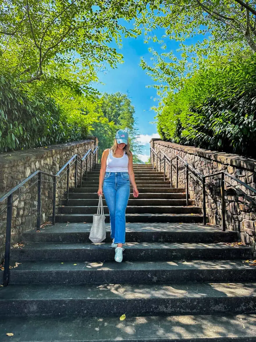 Woman wearing hat with Pistola Lennon High Waist Ankle Bootcut Jeans